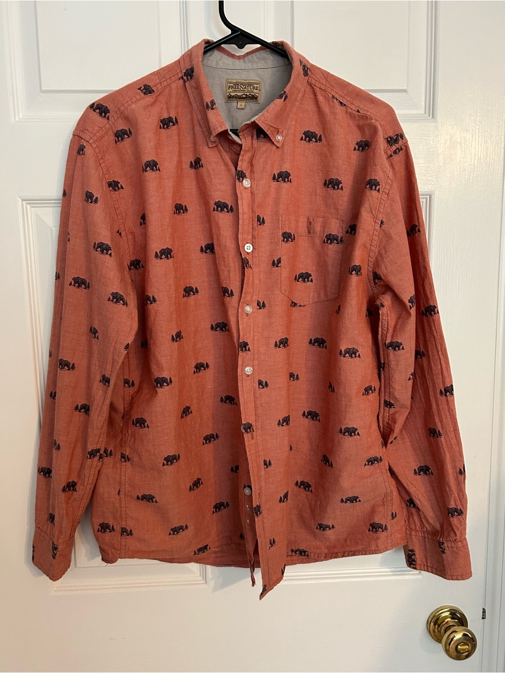 Free Nature Men's Coral Button-Down Shirt with Navy Bear Print